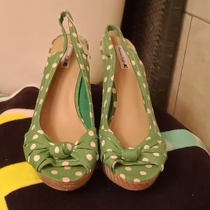 Green Polka Dot Slingback Wedge Heels - Women's